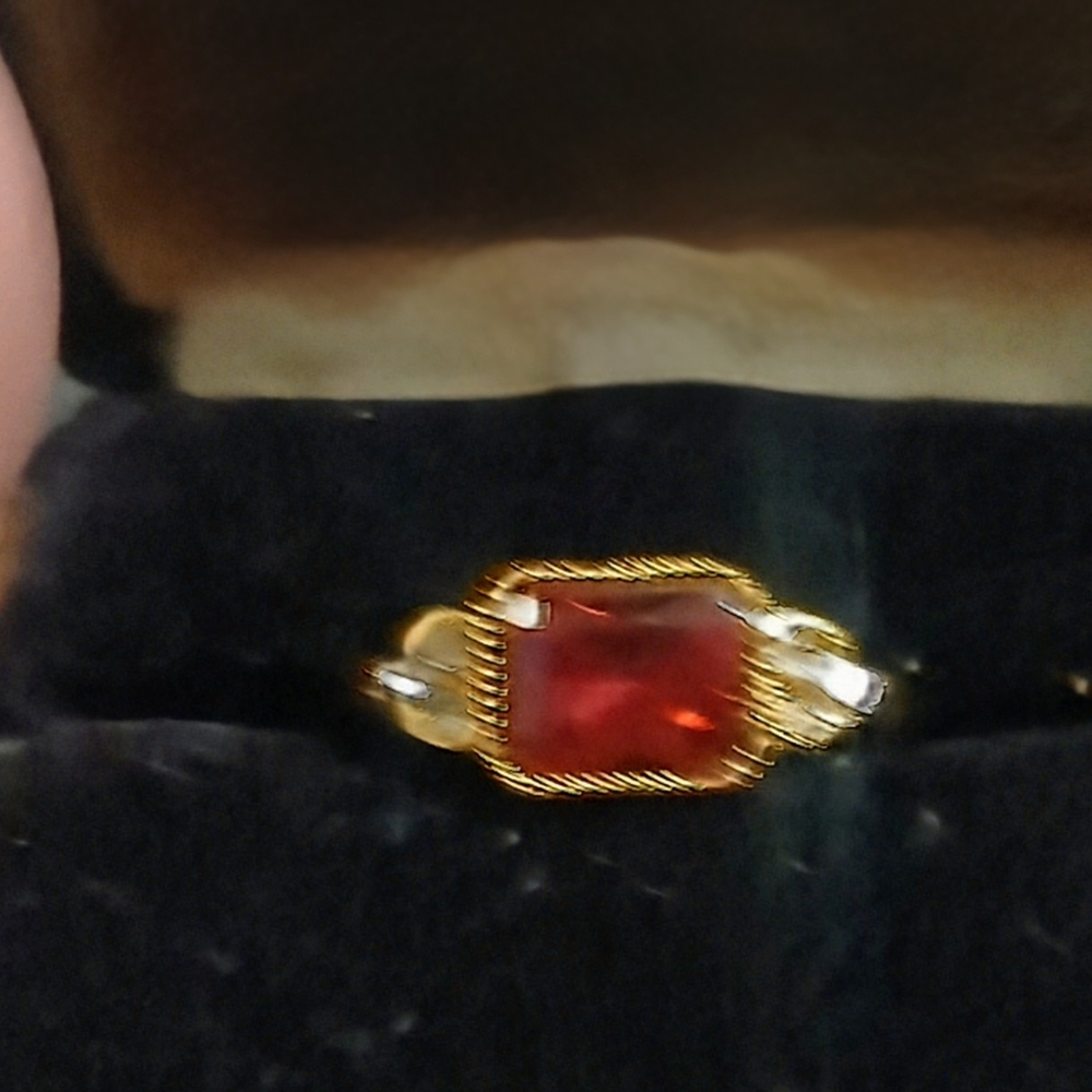 Gold-Tone Ring with Red Cushion Glass Center